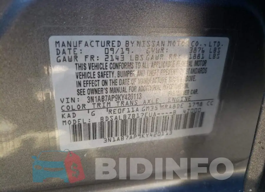 3N1AB7AP9KY420113 Photo# 10