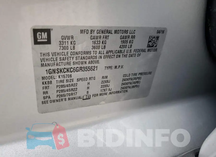 1GNSKCKC6GR355621 Photo# 10