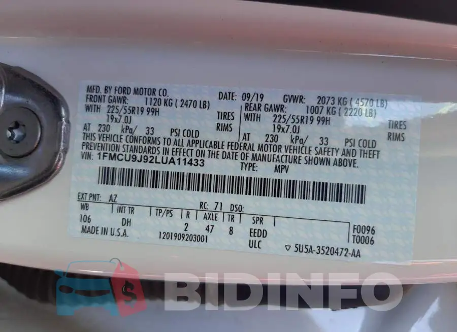 1FMCU9J92LUA11433 Photo# 10