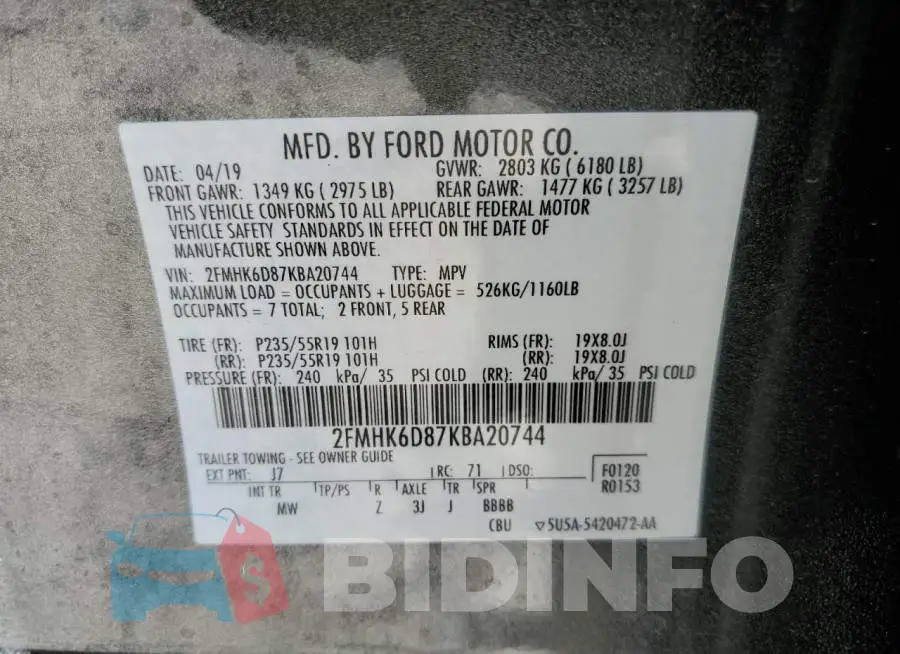 2FMHK6D87KBA20744 Photo# 10
