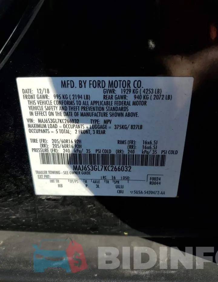 MAJ6S3GL7KC266032 Photo# 10