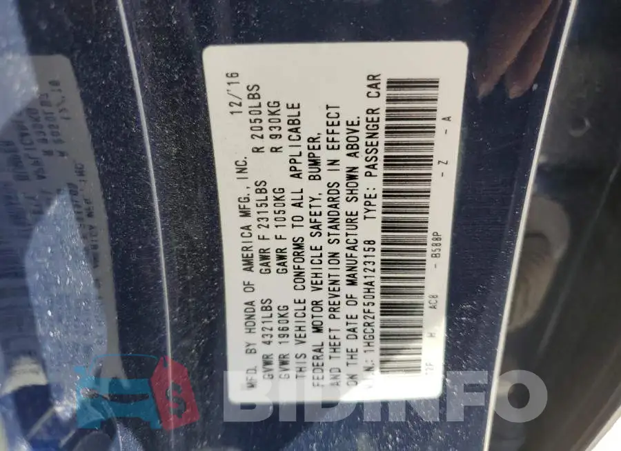 1HGCR2F50HA123158 Photo# 10