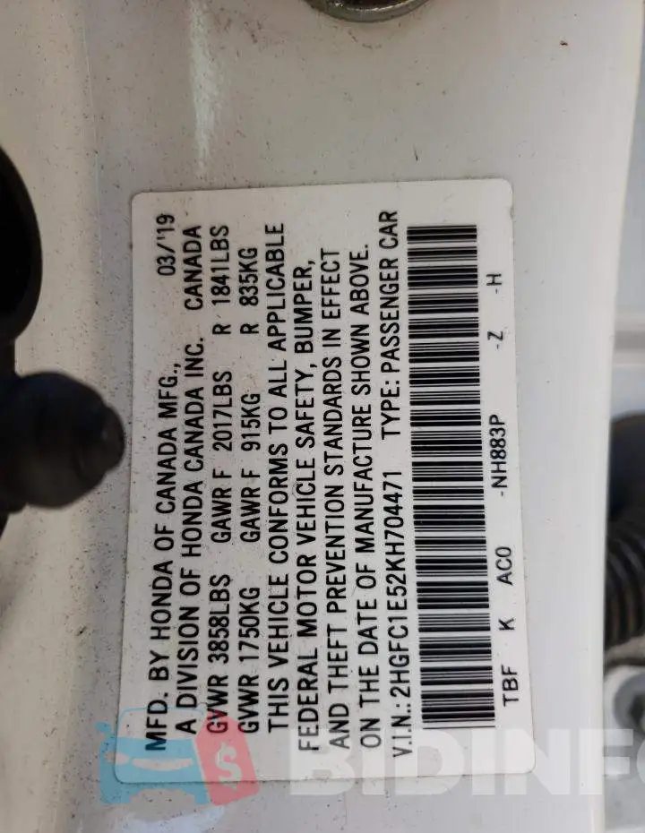 2HGFC1E52KH704471 Photo# 10