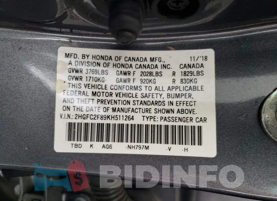 2HGFC2F89KH511264 Photo# 10