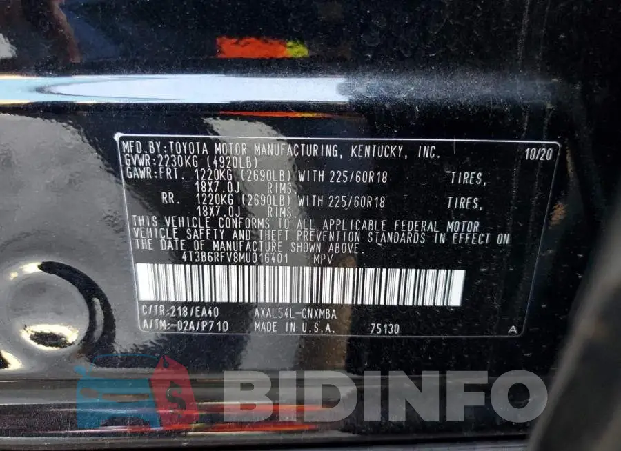 4T3B6RFV8MU016401 Photo# 10