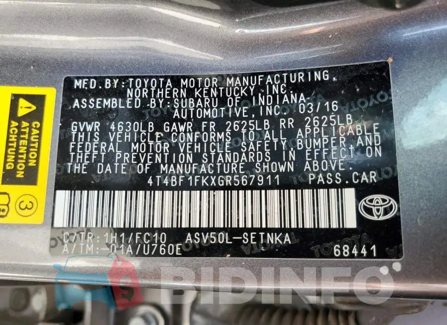 4T4BF1FKXGR567911 Photo# 10