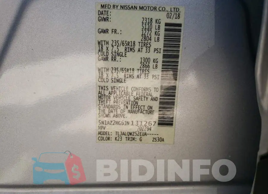5N1AZ2MG6JN131267 Photo# 10