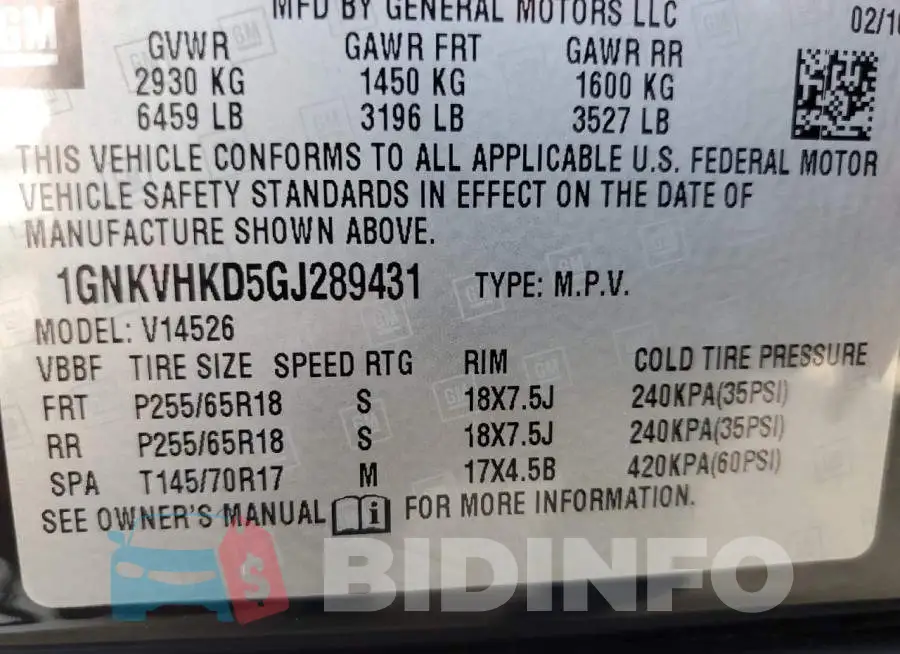 1GNKVHKD5GJ289431 Photo# 10