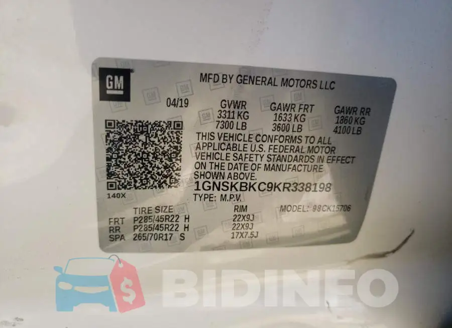 1GNSKBKC9KR338198 Photo# 10
