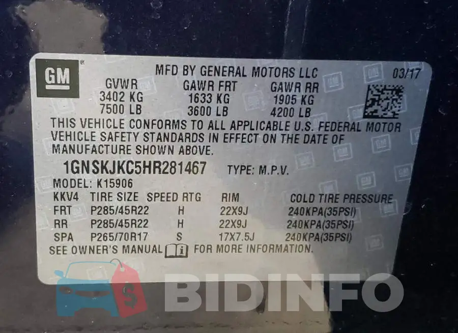 1GNSKJKC5HR281467 Photo# 10