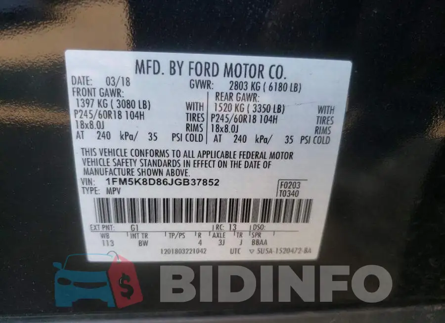1FM5K8D86JGB37852 Photo# 10