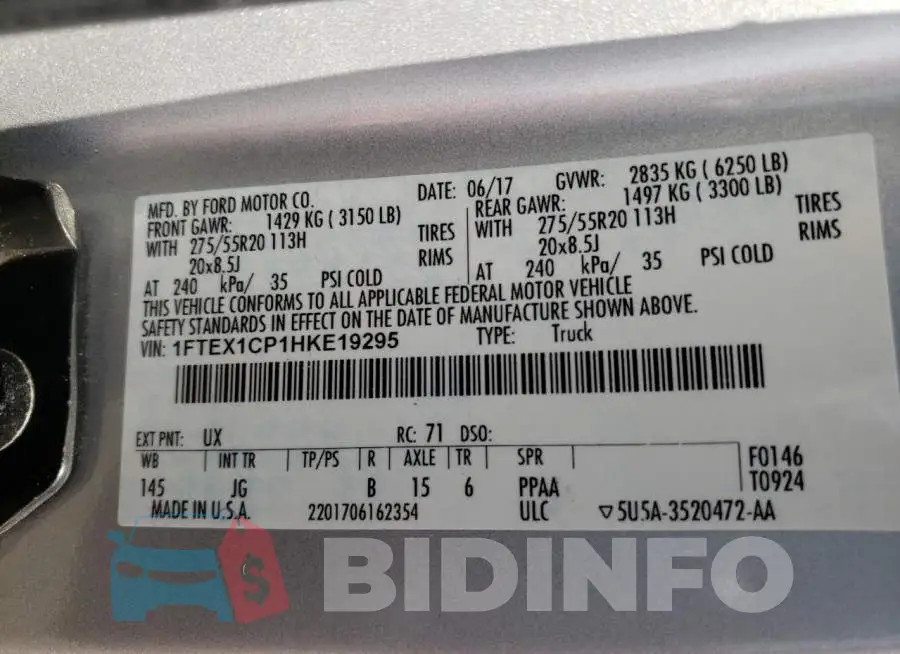 1FTEX1CP1HKE19295 Photo# 10