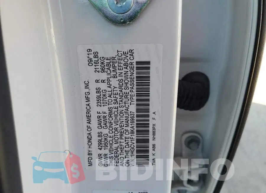 1HGCV1F18KA169637 Photo# 10