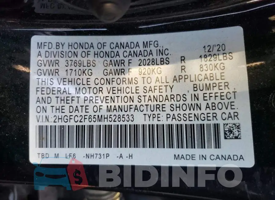 2HGFC2F65MH528533 Photo# 10