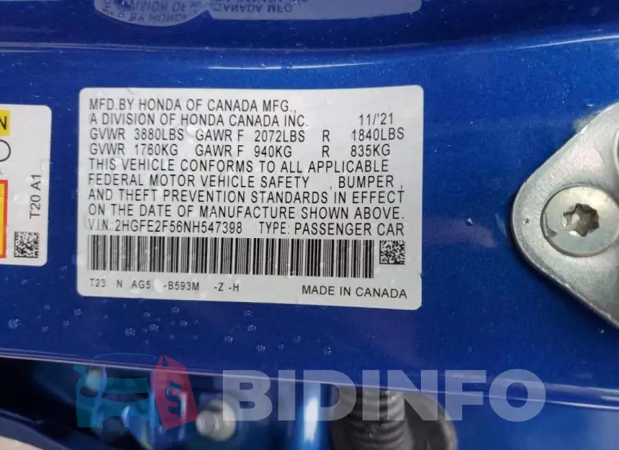 2HGFE2F56NH547398 Photo# 10