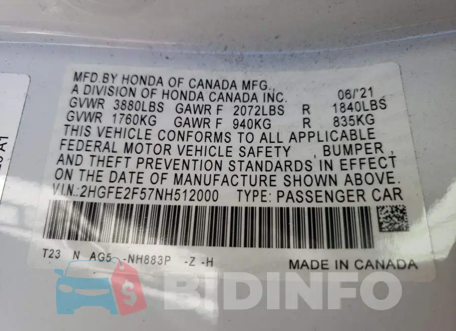 2HGFE2F57NH512000 Photo# 10