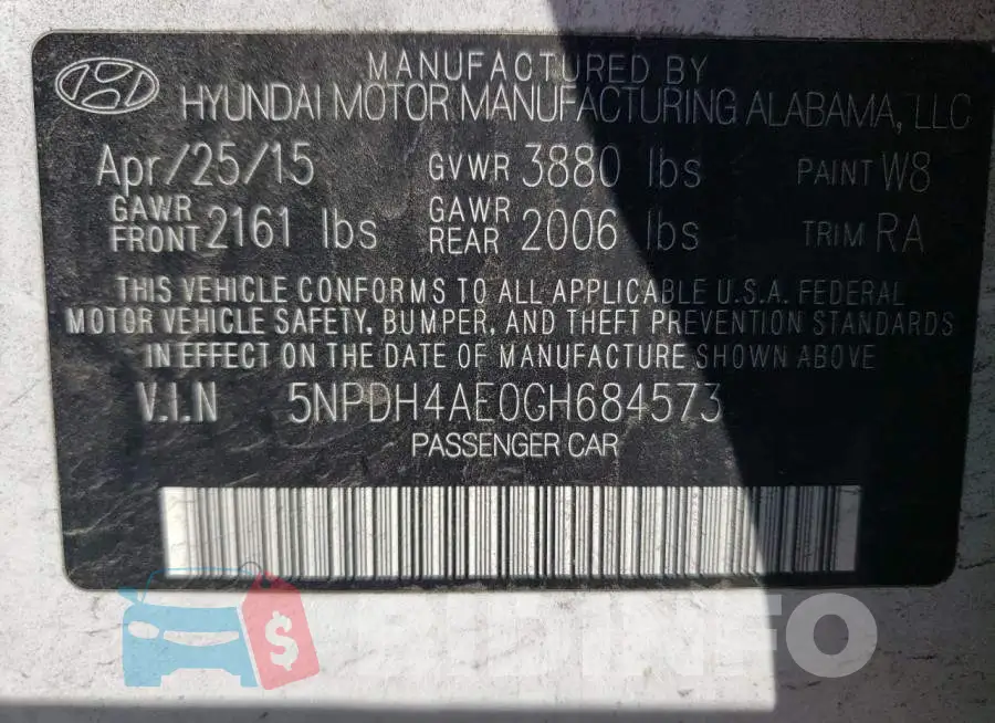 5NPDH4AE0GH684573 Photo# 10
