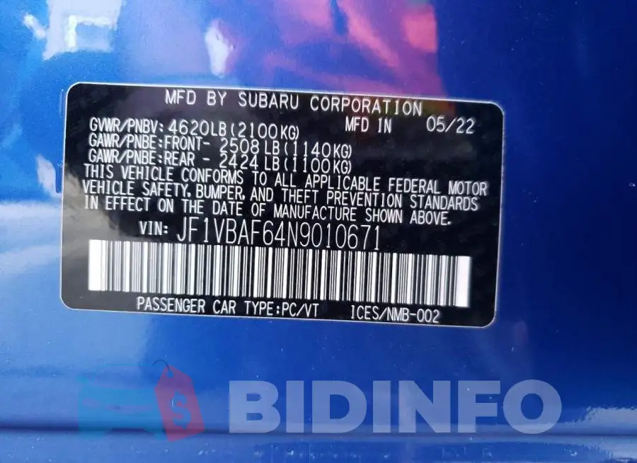 JF1VBAF64N9010671 Photo# 10