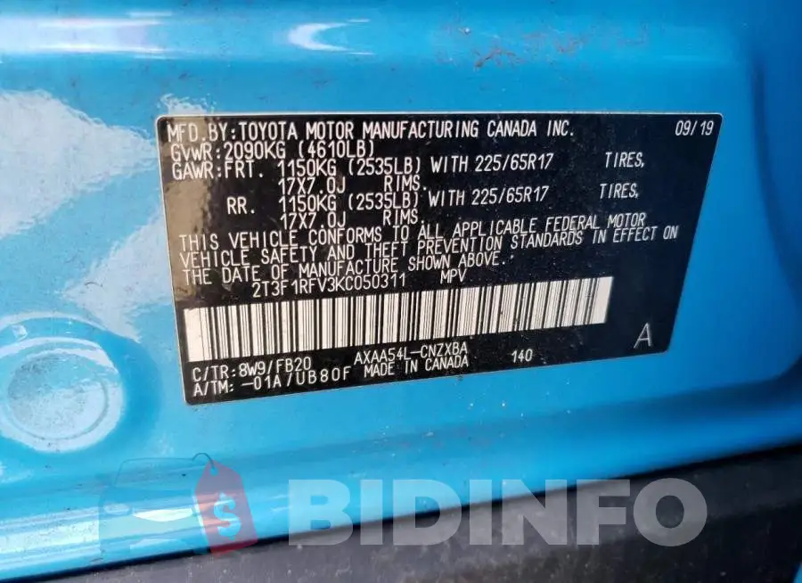 2T3F1RFV3KC050311 Photo# 10