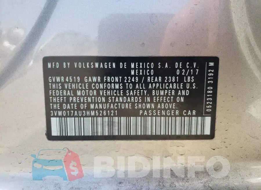 3VW017AU3HM526121 Photo# 10