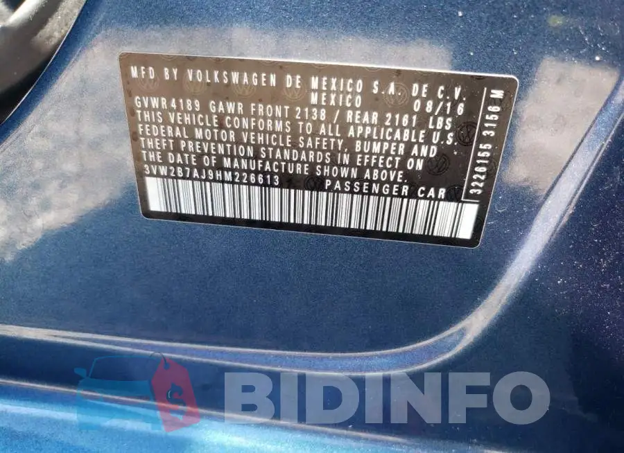 3VW2B7AJ9HM226613 Photo# 10