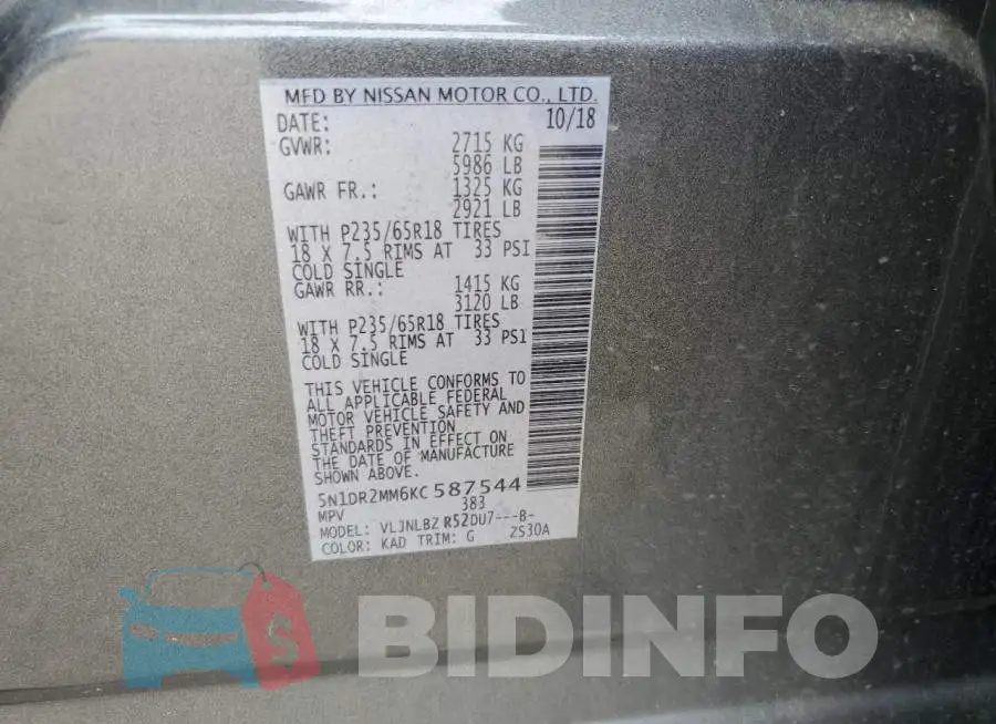 5N1DR2MM6KC587544 Photo# 10