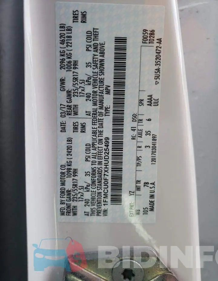1FMCU0F7XHUD25499 Photo# 10