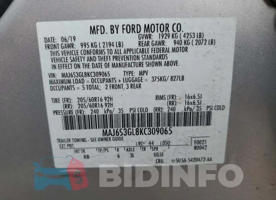 MAJ6S3GL8KC309065 Photo# 10