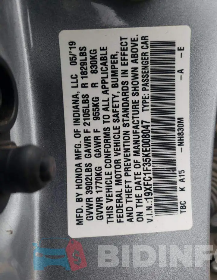 19XFC1F35KE008047 Photo# 10
