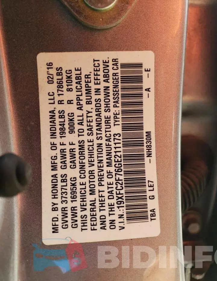 19XFC2F76GE211173 Photo# 10