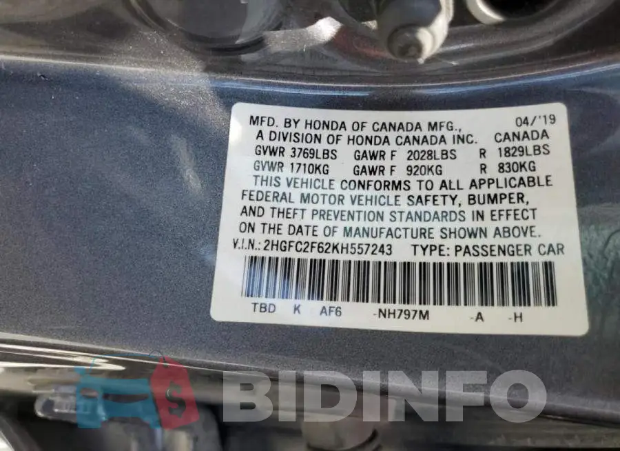 2HGFC2F62KH557243 Photo# 10