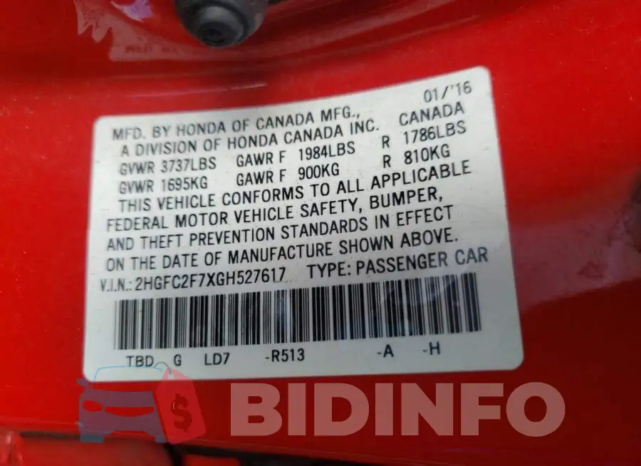 2HGFC2F7XGH527617 Photo# 10