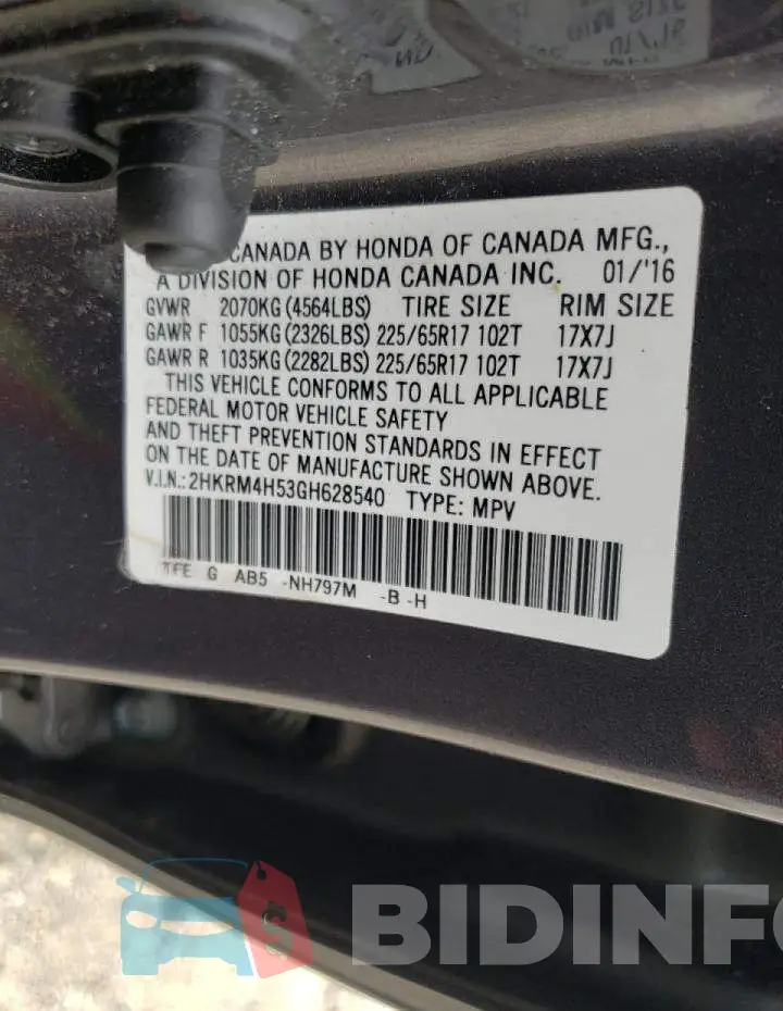 2HKRM4H53GH628540 Photo# 10
