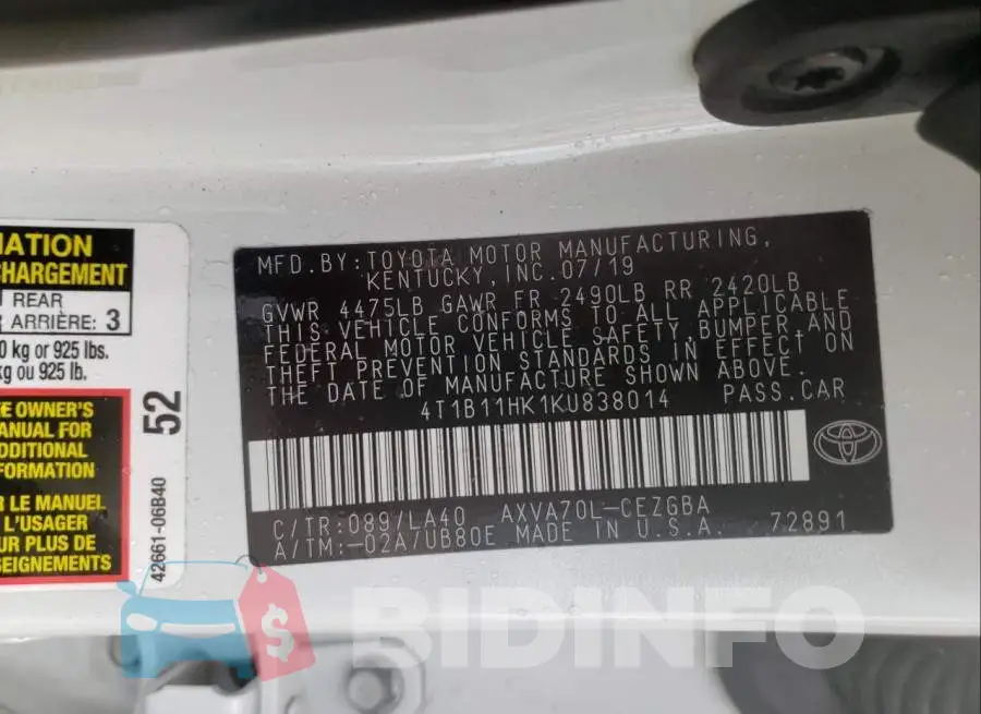 4T1B11HK1KU838014 Photo# 10