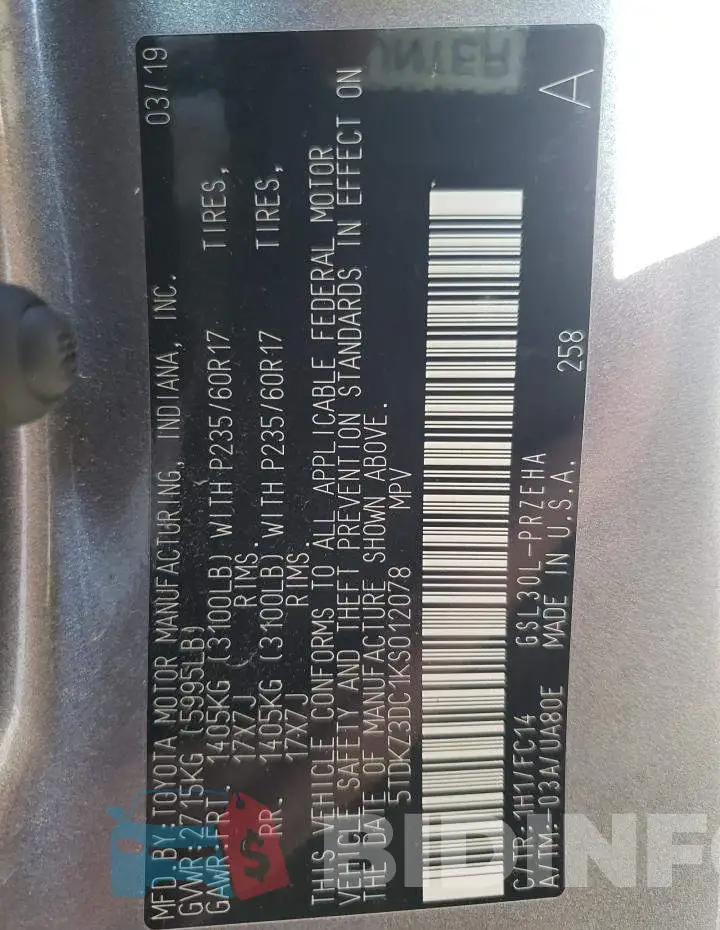 5TDKZ3DC1KS012078 Photo# 10