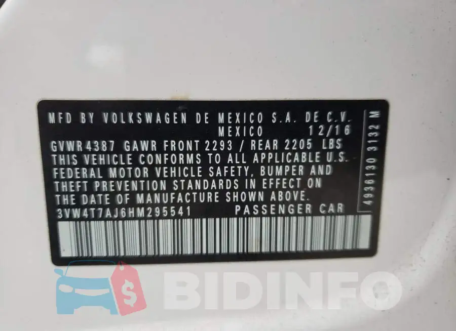 3VW4T7AJ6HM295541 Photo# 10