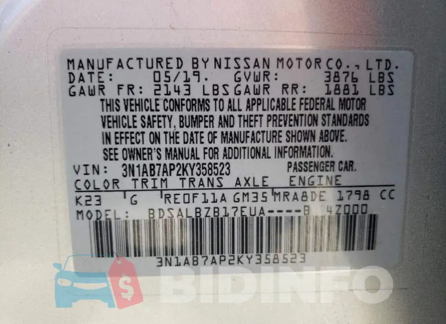 3N1AB7AP2KY358523 Photo# 10