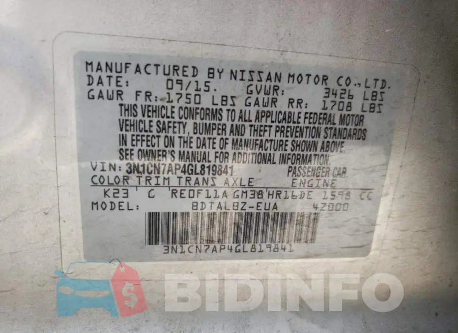 3N1CN7AP4GL819841 Photo# 10