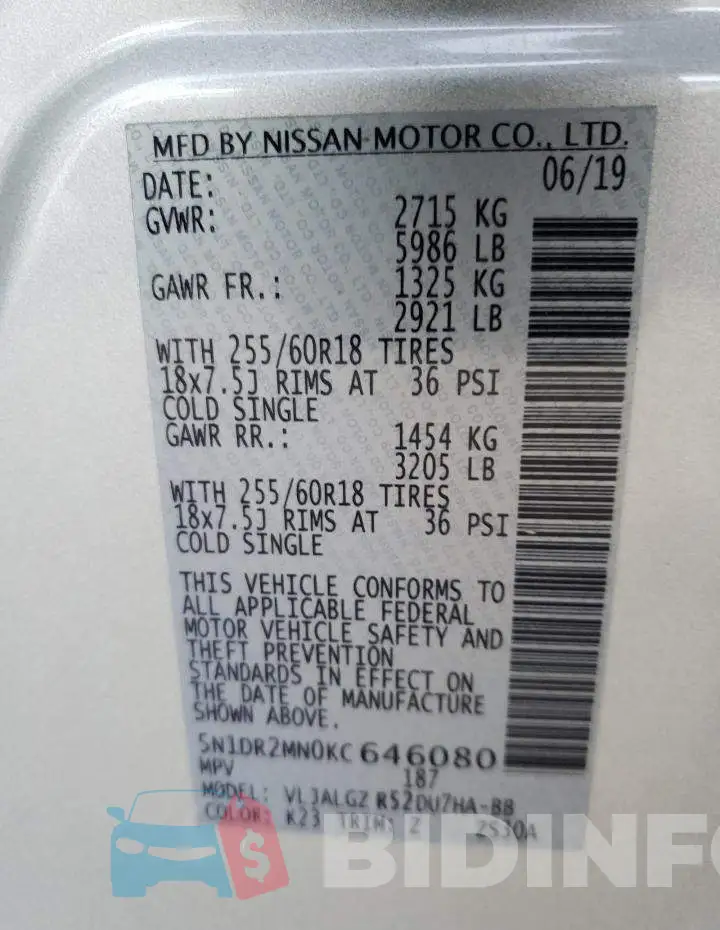 5N1DR2MN0KC646080 Photo# 10