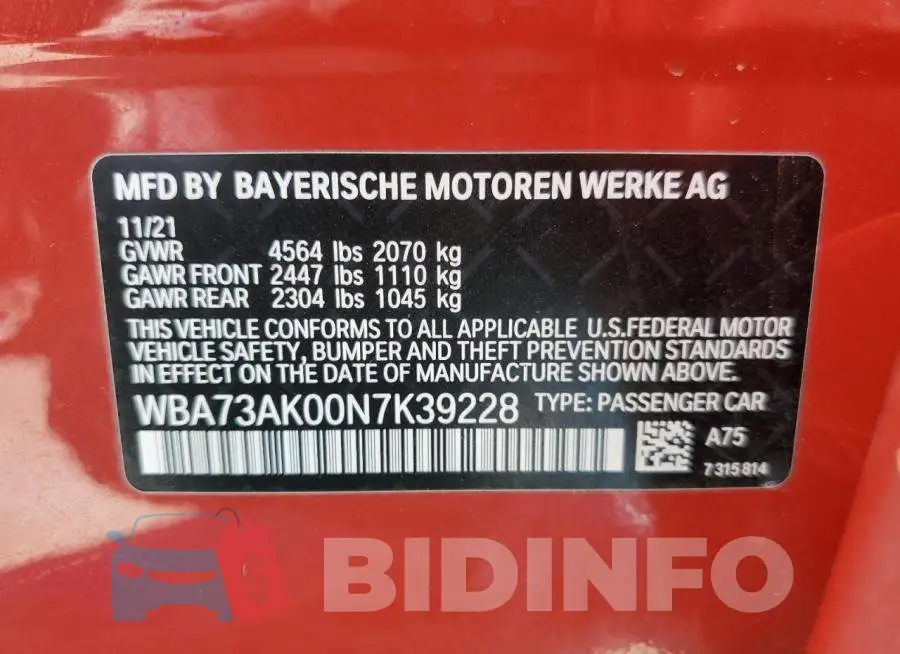 WBA73AK00N7K39228 Photo# 10