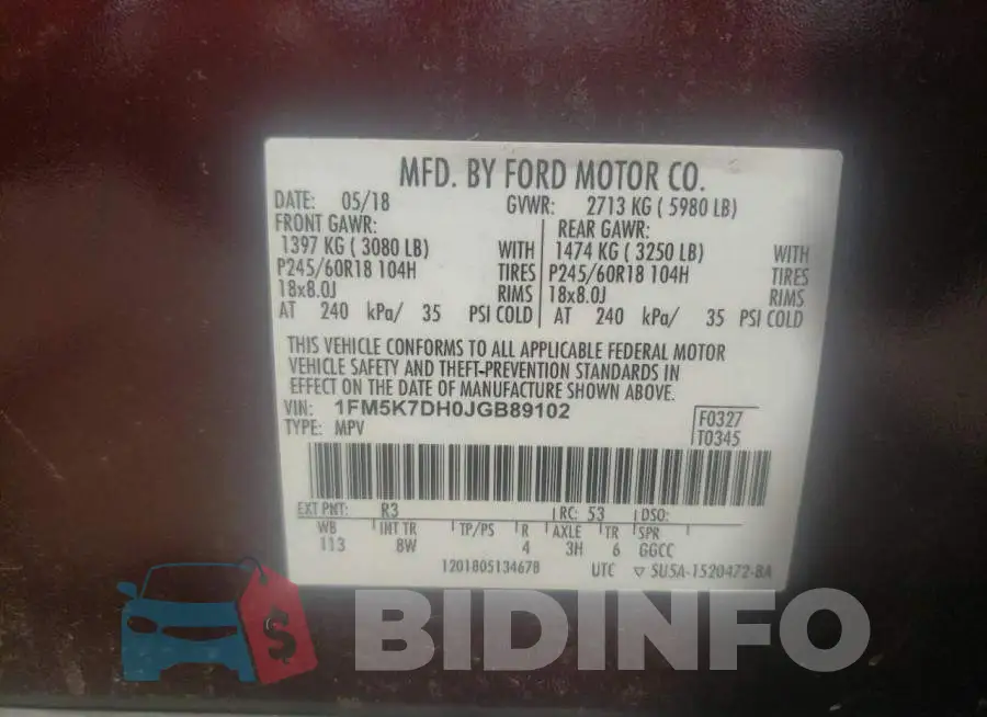 1FM5K7DH0JGB89102 Photo# 10
