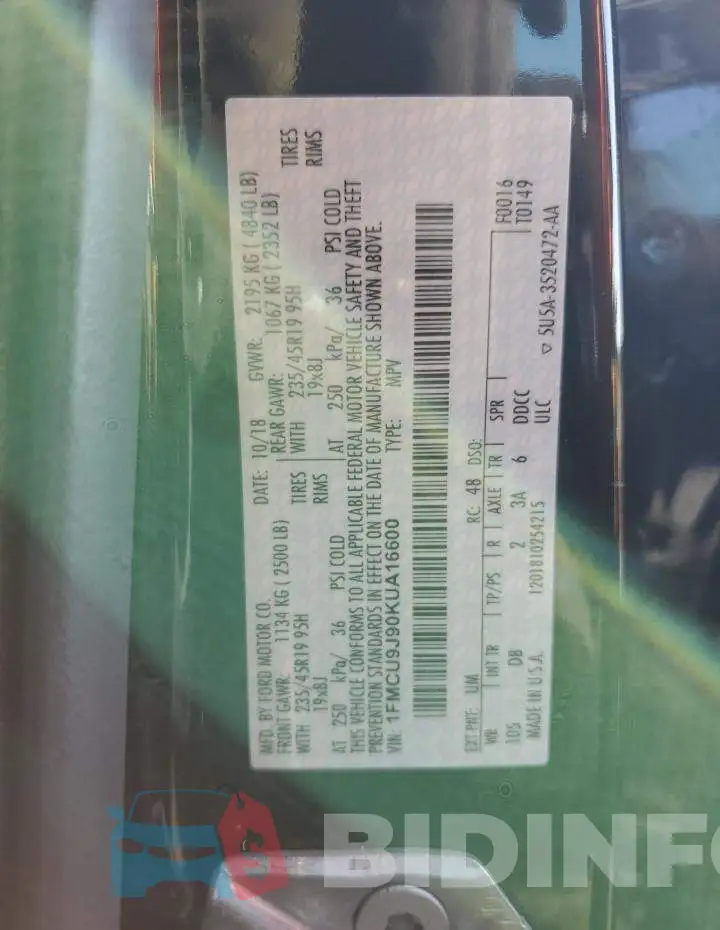 1FMCU9J90KUA16600 Photo# 13