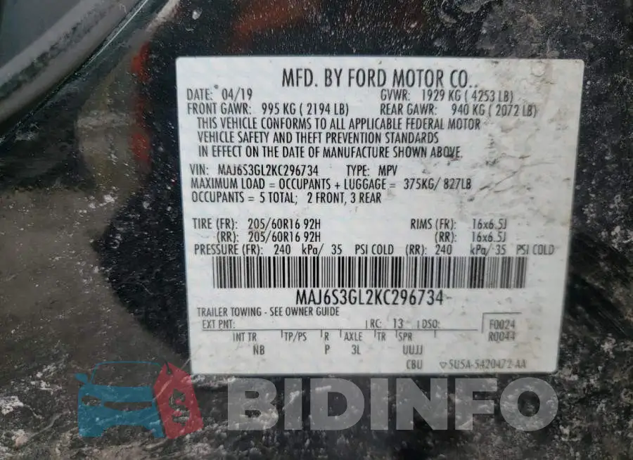 MAJ6S3GL2KC296734 Photo# 10