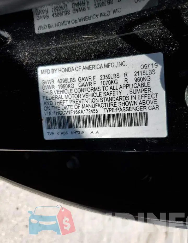 1HGCV1F16KA172455 Photo# 10
