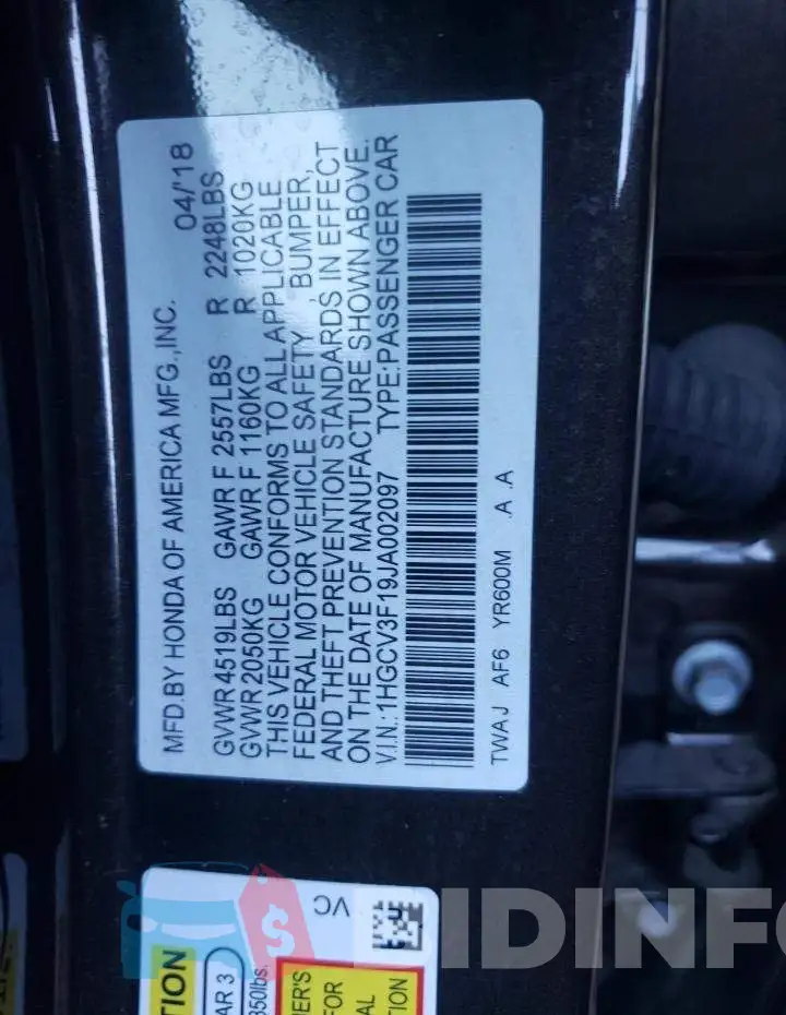 1HGCV3F19JA002097 Photo# 10