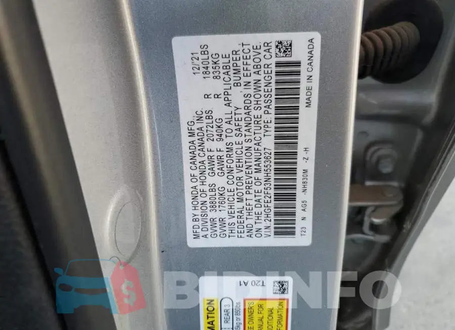 2HGFE2F53NH553627 Photo# 10