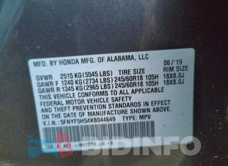 5FNYF5H54KB044649 Photo# 10