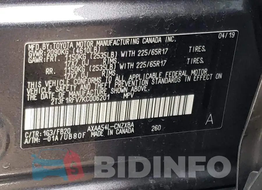 2T3F1RFV7KC006201 Photo# 10