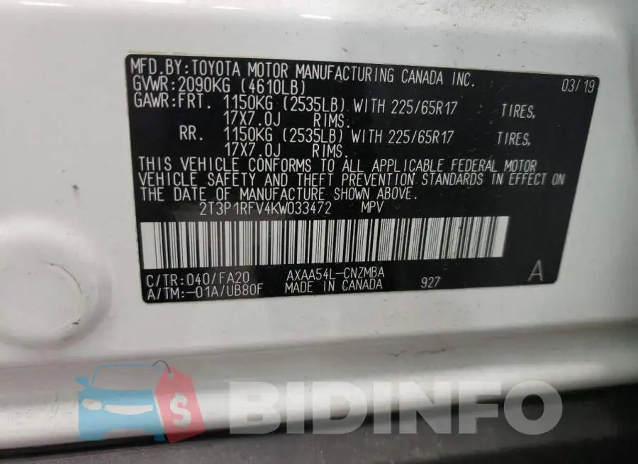 2T3P1RFV4KW033472 Photo# 10