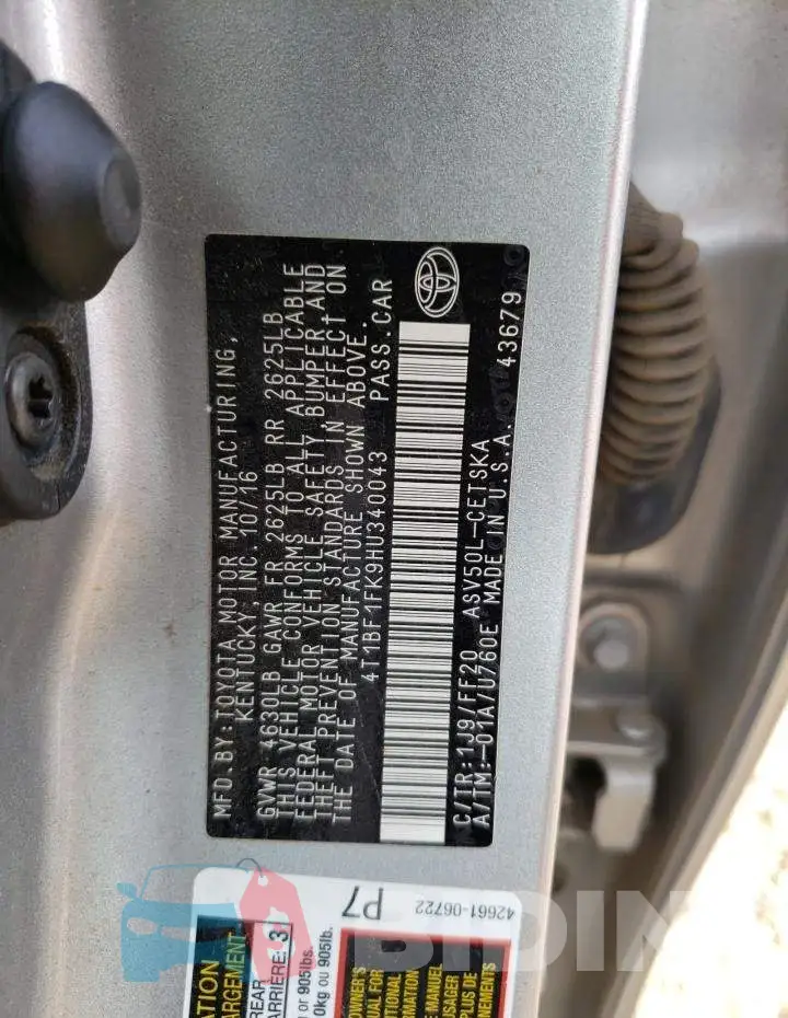4T1BF1FK9HU340043 Photo# 10